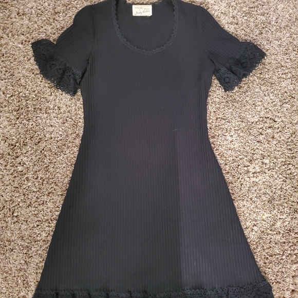 Womens Vintage Union Made Dress 70s Black knit S small macrame lace Judy Gibbs - Picture 4 of 15